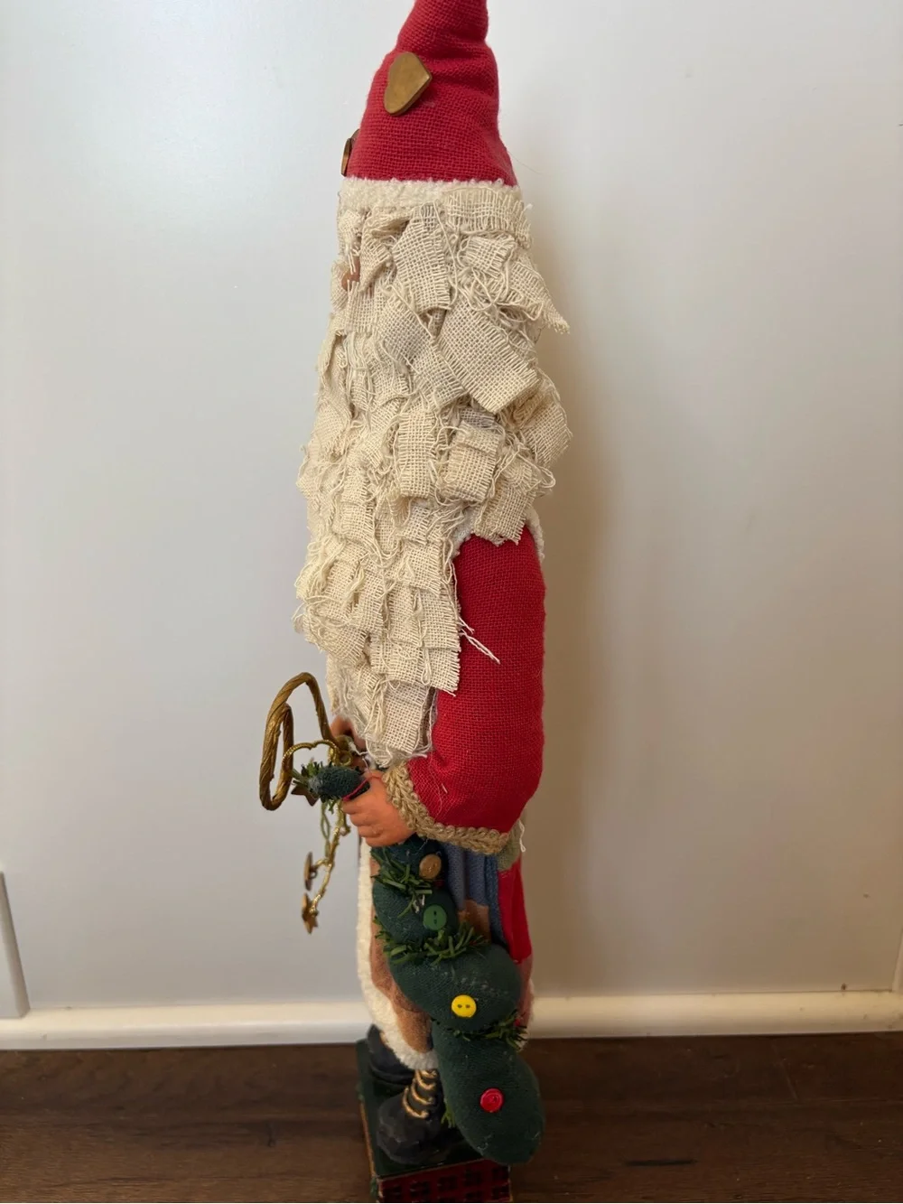 Vintage Folk Art Santa Claus Figurine Rustic Fabric Layered Beard Patchwork Coat